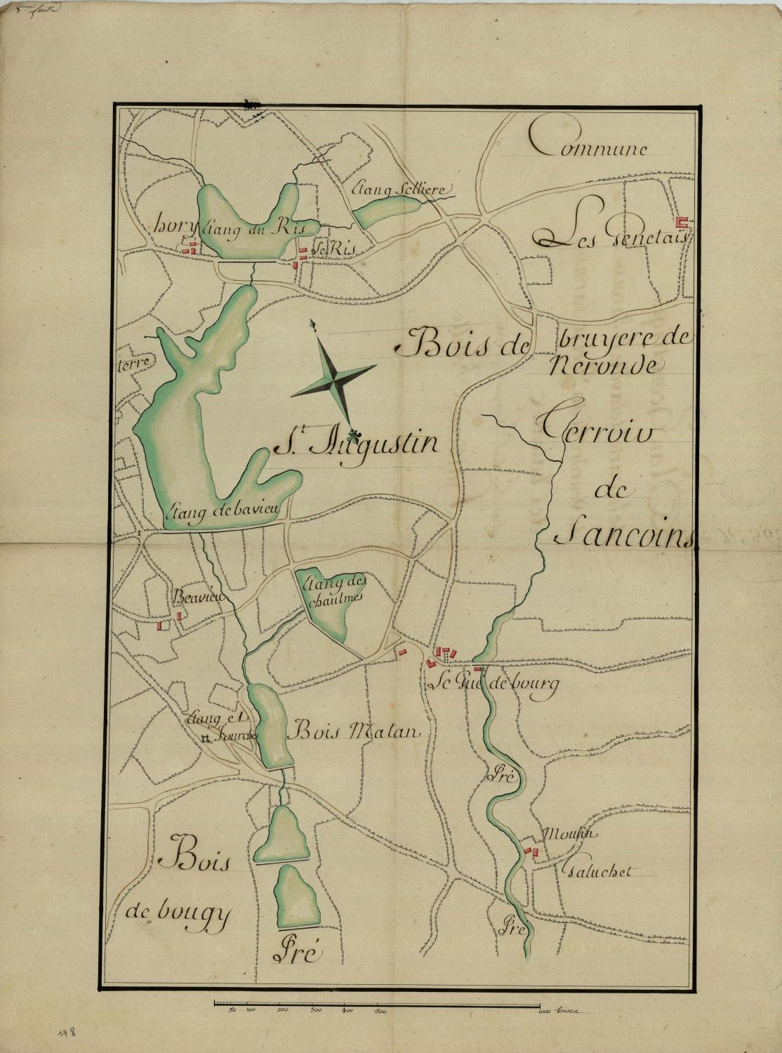 Plan géométrique de la carte de la ville et paroisse du Veurdre et du fort et paroisse de Chateaux", levé par le Sr Bourgault.8e feuille, minute.en 1701.