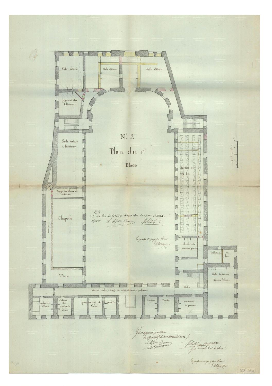 Projet d'aménagement du lycée par Cournon, 1804 : 1er étage (AD Puy-de-Dôme, 38 Fi 230)