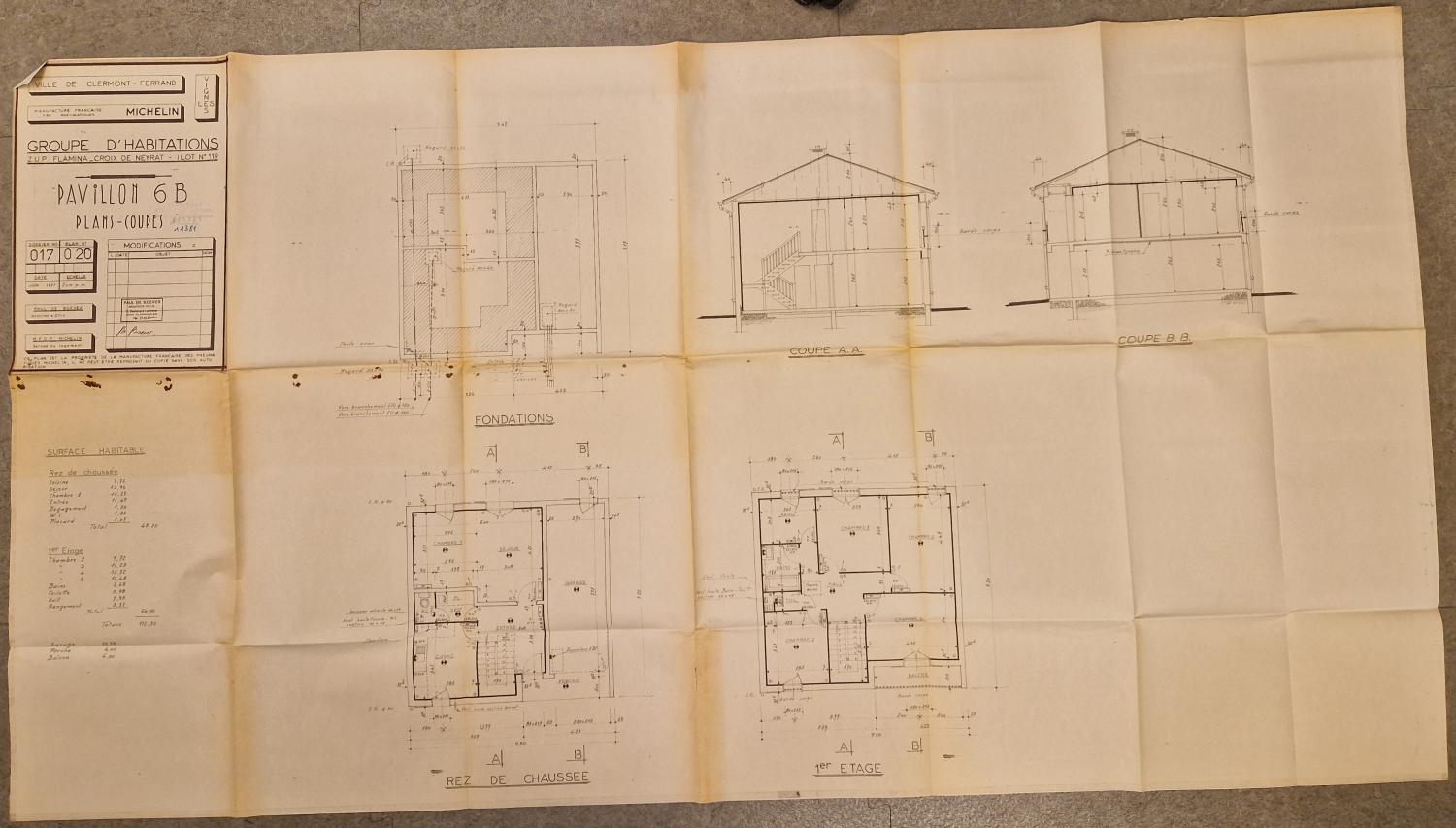 Plans et coupes d'une maison de type 6B pour le lotissement des Vignes (cité de Croix-de-Neyrat), 1977