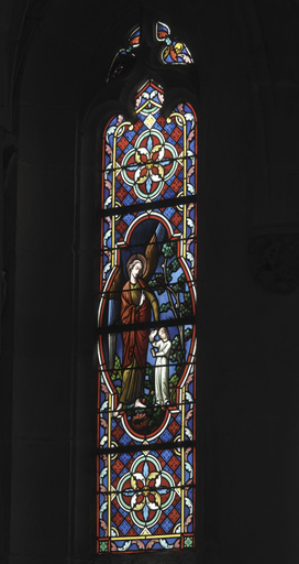 Ensemble de 2 verrières figurées (verrière archéologique) : la mort de la Vierge ; saint Michel terrassant le démon ; l'ange gardien (baies 11 et 13)