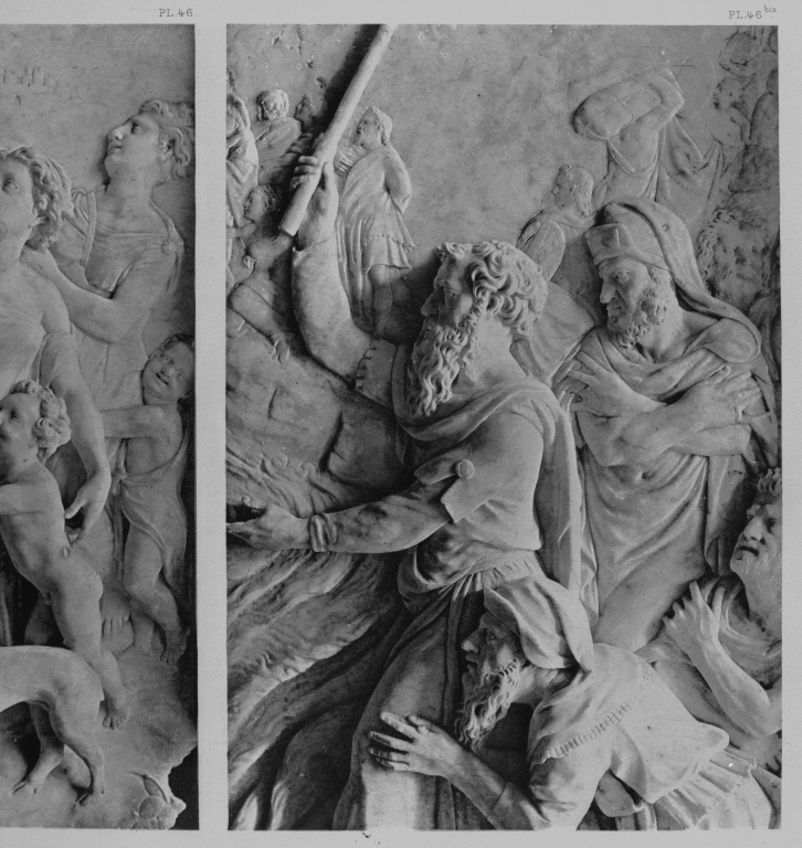 Bas-reliefs (3) de l'autel de la chapelle : le Sacrifice de Noé, le Passage de la Mer Rouge, David et Goliath