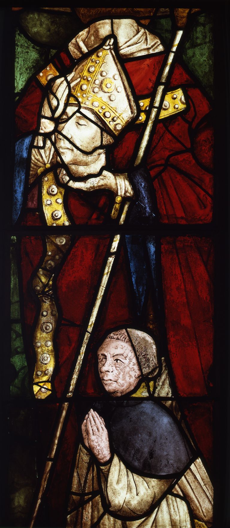 Verrière : saint Jean-Baptiste, saint Denis, donateur, verrière à personnages