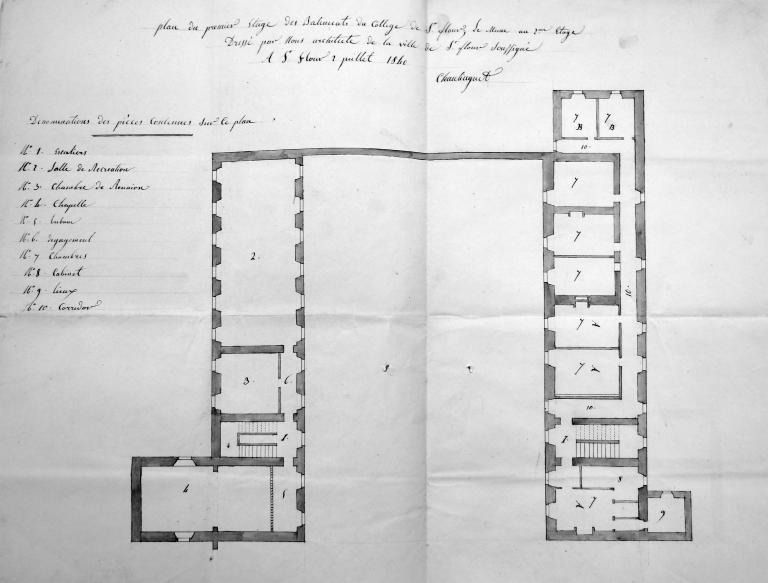 Plan du 1er étage du collège en 1840 par P. Chauliaguet (AC Saint-Flour, 4 M 6/1)
