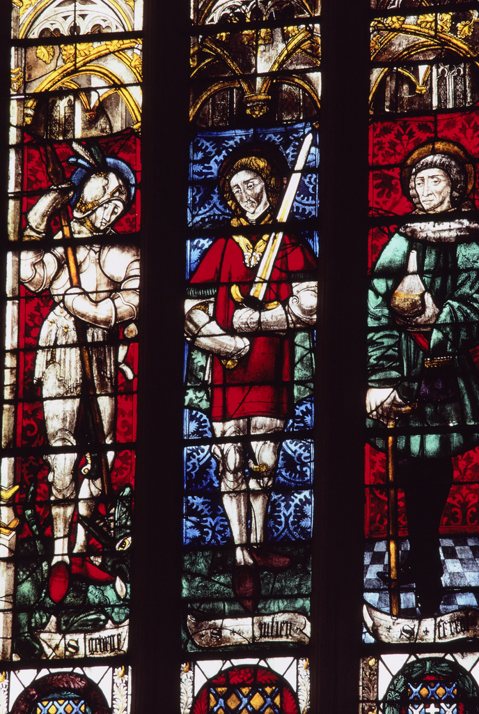 Verrière : saint Georges, saint Julien, saint Ferréol, saint Fortunat, saint Michel, saint Eustache (baie 2), verrière à personnages