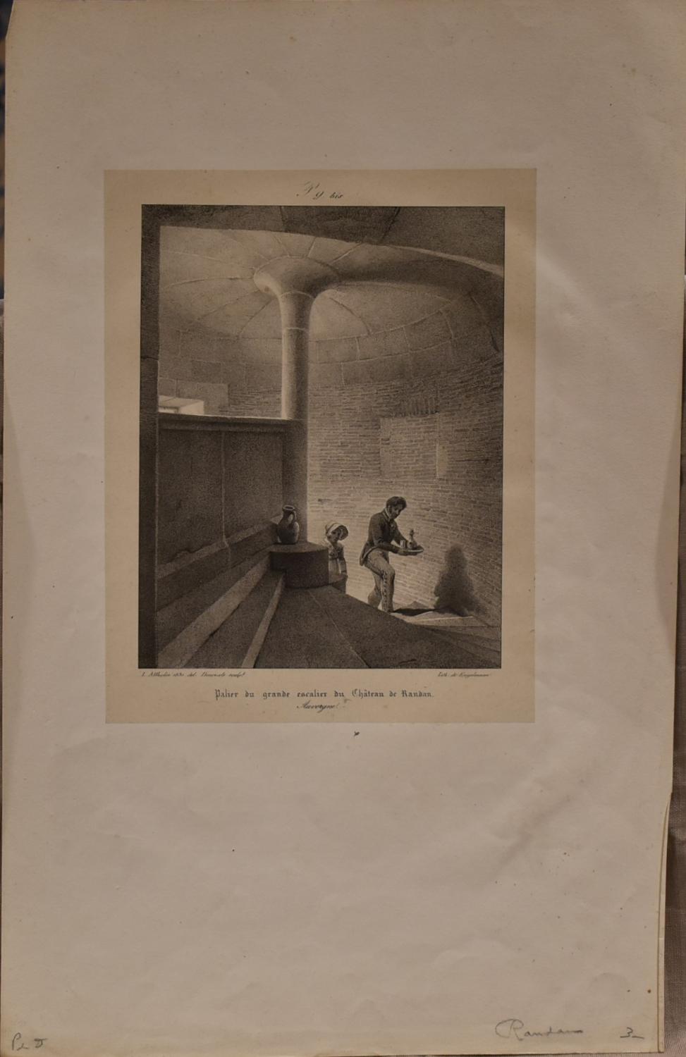 Lithographie de Godefroy Engelmann - " Palier du grand escalier du château de Randan "