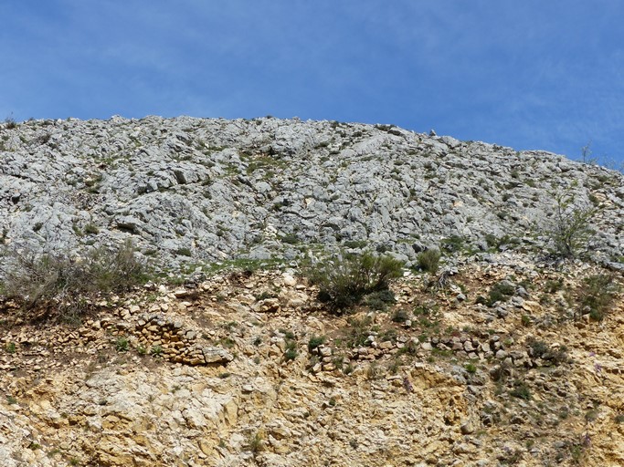 Site archéologique de Macuègne Bas. Plate-forme castrale, versant sud. Vestiges du mur d'enceinte, vue prise du sud.