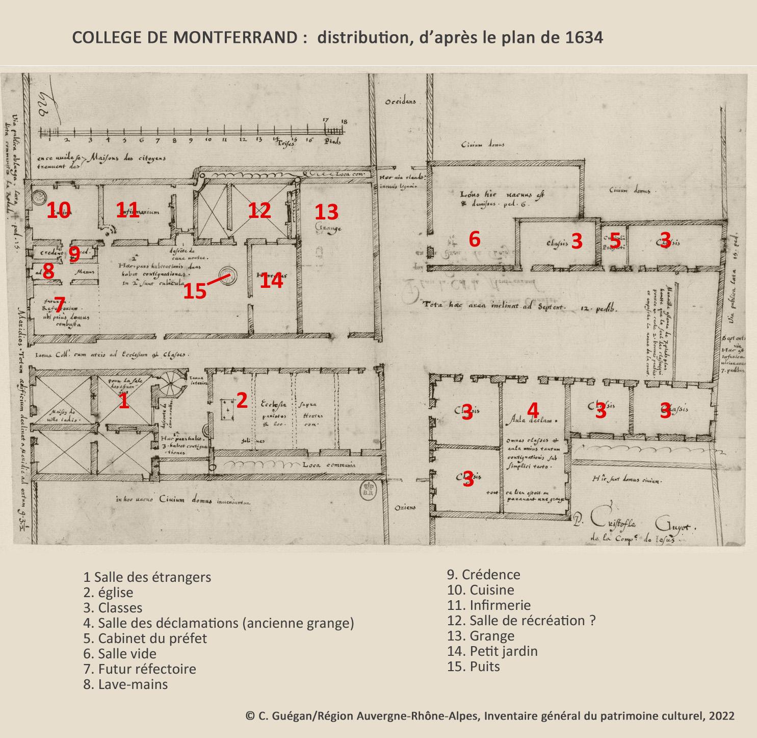 Projet d'aménagement du collège, 1634 : distribution (dess. Inv. C. Guégan)