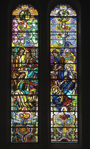 Ensemble de 4 verrières figurées : Saint Vincent de Paul ; Remise des clés à saint Pierre ; Le Christ avec saint Jean et saint Marc ; Sainte Famille