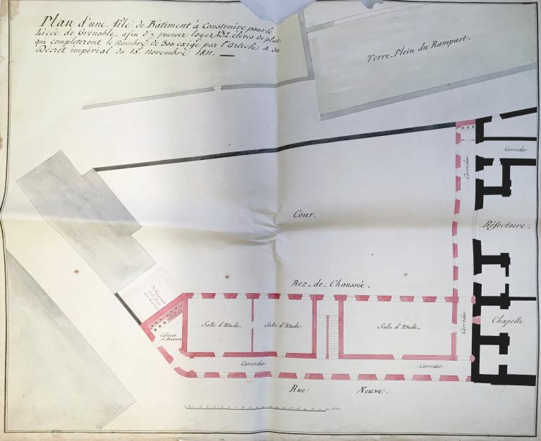 Plan pour le lycée de Grenoble, 1811 : à droite, partie de l'église transformée en réfectoire (AC Grenoble, 4 M 90)