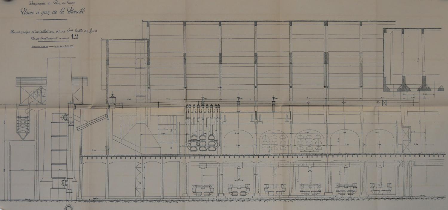 Plan usine Coupe longitudinale 3e halle, usine à gaz de la Mouche, 1925 (ACL : 923WP151)