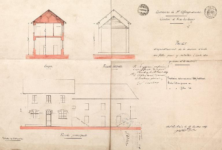 École de filles et mairie, puis école de filles et de garçons et mairie, puis école de filles et enfantine, actuellement mairie et logement