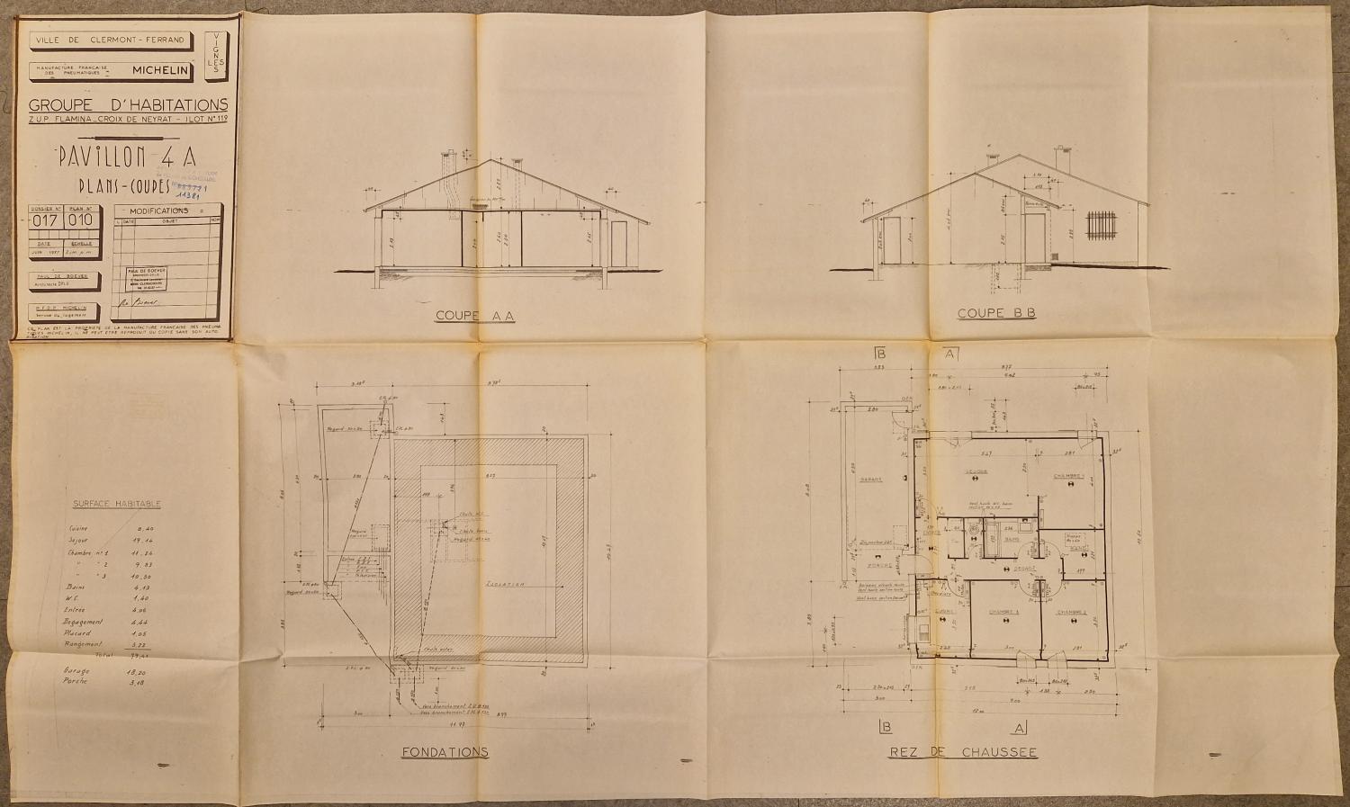 Plans et coupes d'une maison de type 4A du lotissement des Vignes (cité de Croix-de-Neyrat).