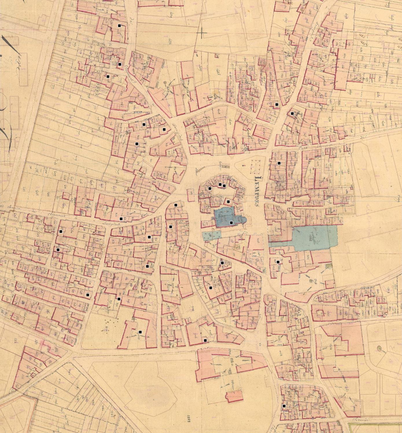 Commune de Lempdes : localisation des maisons vigneronnes (cadastre dit napoléonien, 1825, AD Puy-de-Dôme, 51 Fi 595)