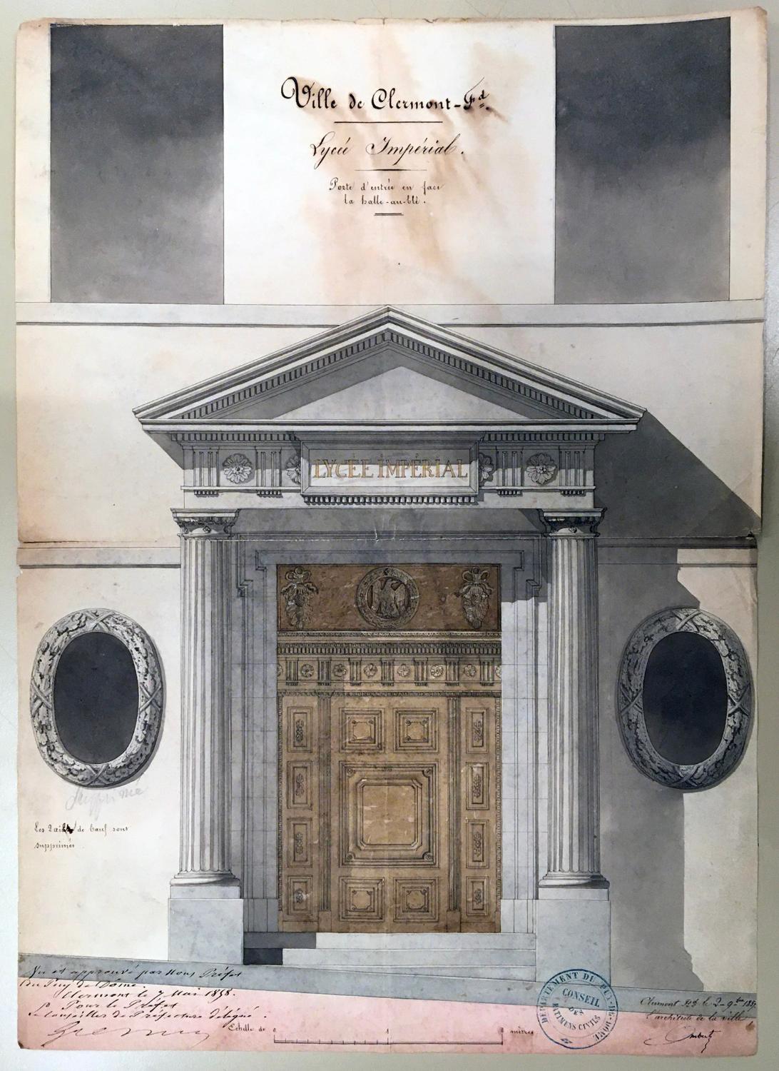 Projet (non réalisé) pour la nouvelle porte du lycée par Hubert Imbert, 1857 (AC Clermont-Ferrand, 4 M 1/5)