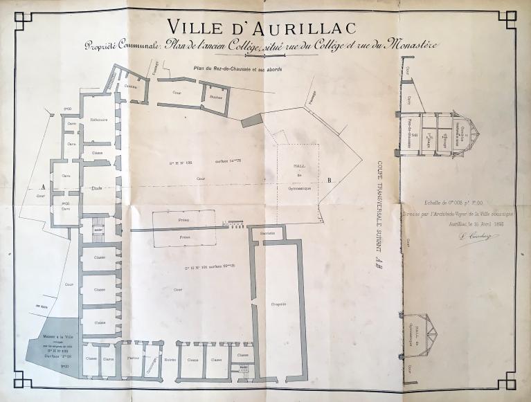 Ecole primaire supérieure de jeunes filles : plan du rez-de-chaussée par L. Courbaize, 1893 (AD Cantal, E DEP 1500/1487)