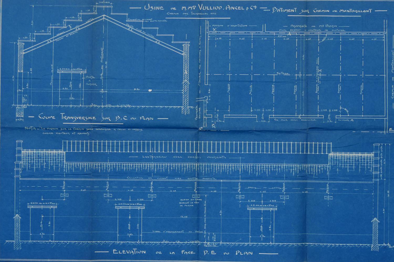 Plan usine Coupe transversale d'un bâtiment d'usine Vulliot Ancel 1910 (ACL : 314W381-504)