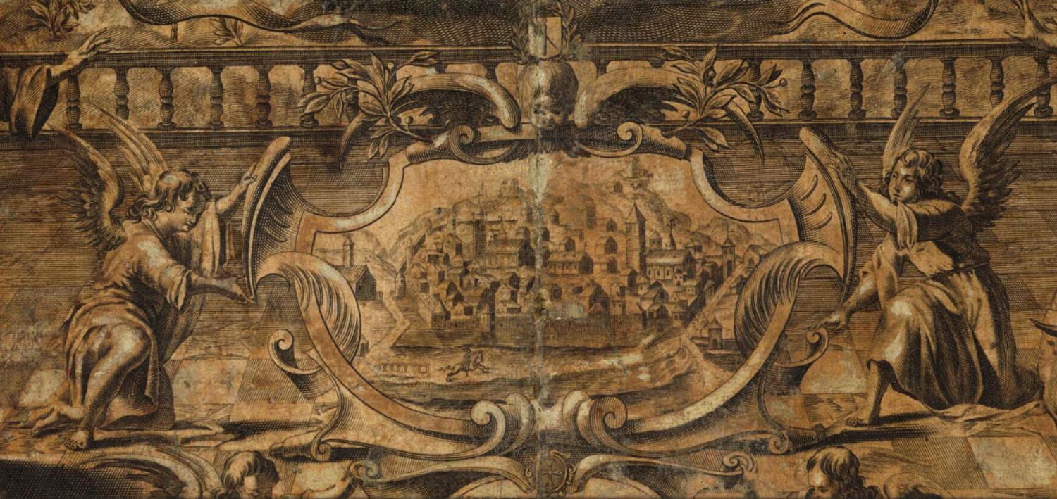 Vue la ville d'Aurillac, v. 1640-1645 : au centre, l'église du collège des jésuites (AD Cantal, 449 F 1)