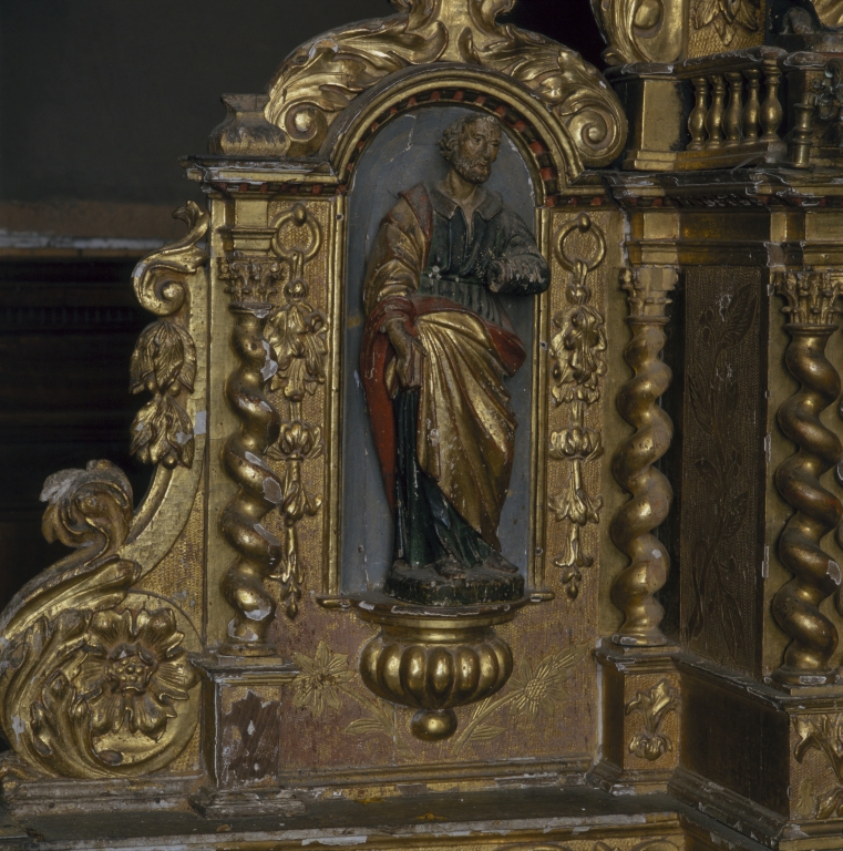 Ensemble de 3 statuettes : Saint Jean-Baptiste, saint non identifié, Christ (ensemble du maître-autel, gradins, tabernacle à ailes et dais d'exposition)