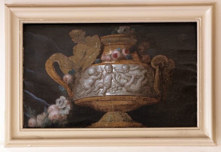 Tableau (dessus-de-porte) : Vase aux enfants jouant avec des fruits
