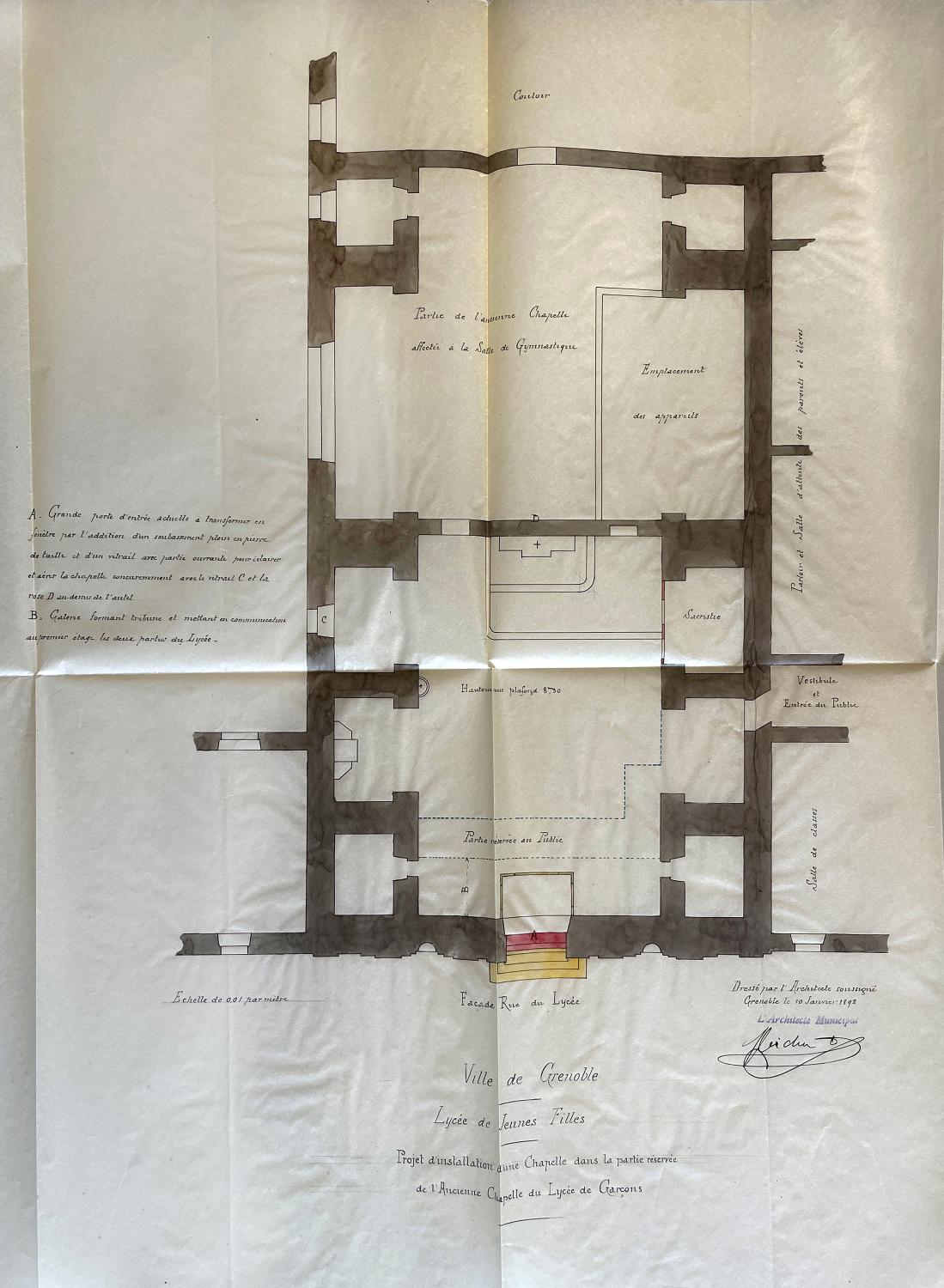 Plan de la chapelle avec aménagement du gymnase par M. Michon, janvier 1892 (ACM Grenoble, 4 M 100)
