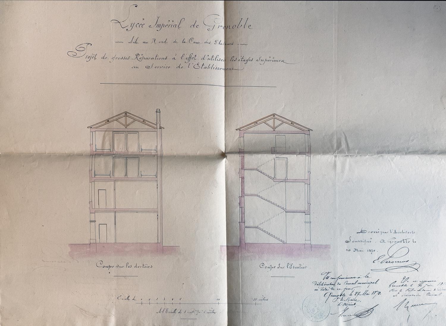 Projet d'agrandissement : aile au nord de la cour des platanes, coupe par E. Péronnet, 1870 (ACM Grenoble, 4 M 96)