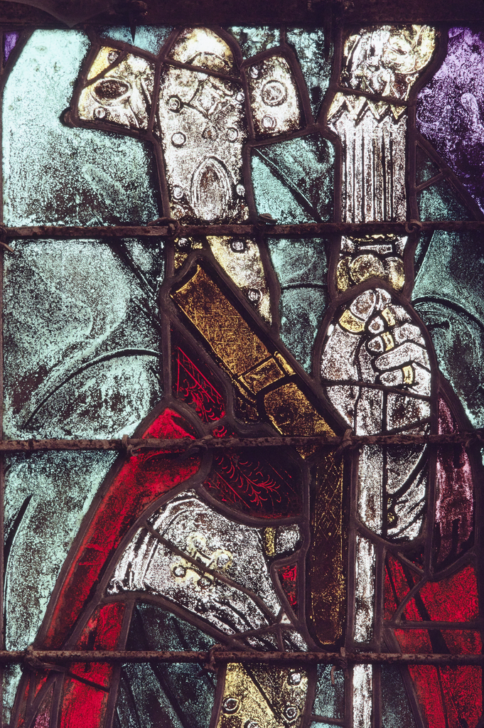 Verrière : saint Apollinaire, saint Nizier, saint Nicolas, sainte Catherine, Vierge à l' Enfant, sainte Marguerite (baie 1), verrière à personnages