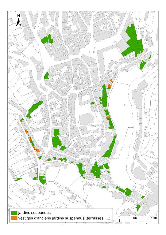 Carte des jardins suspendus - ou de leurs vestiges - présents dans le périmètre du secteur sauvegardé.