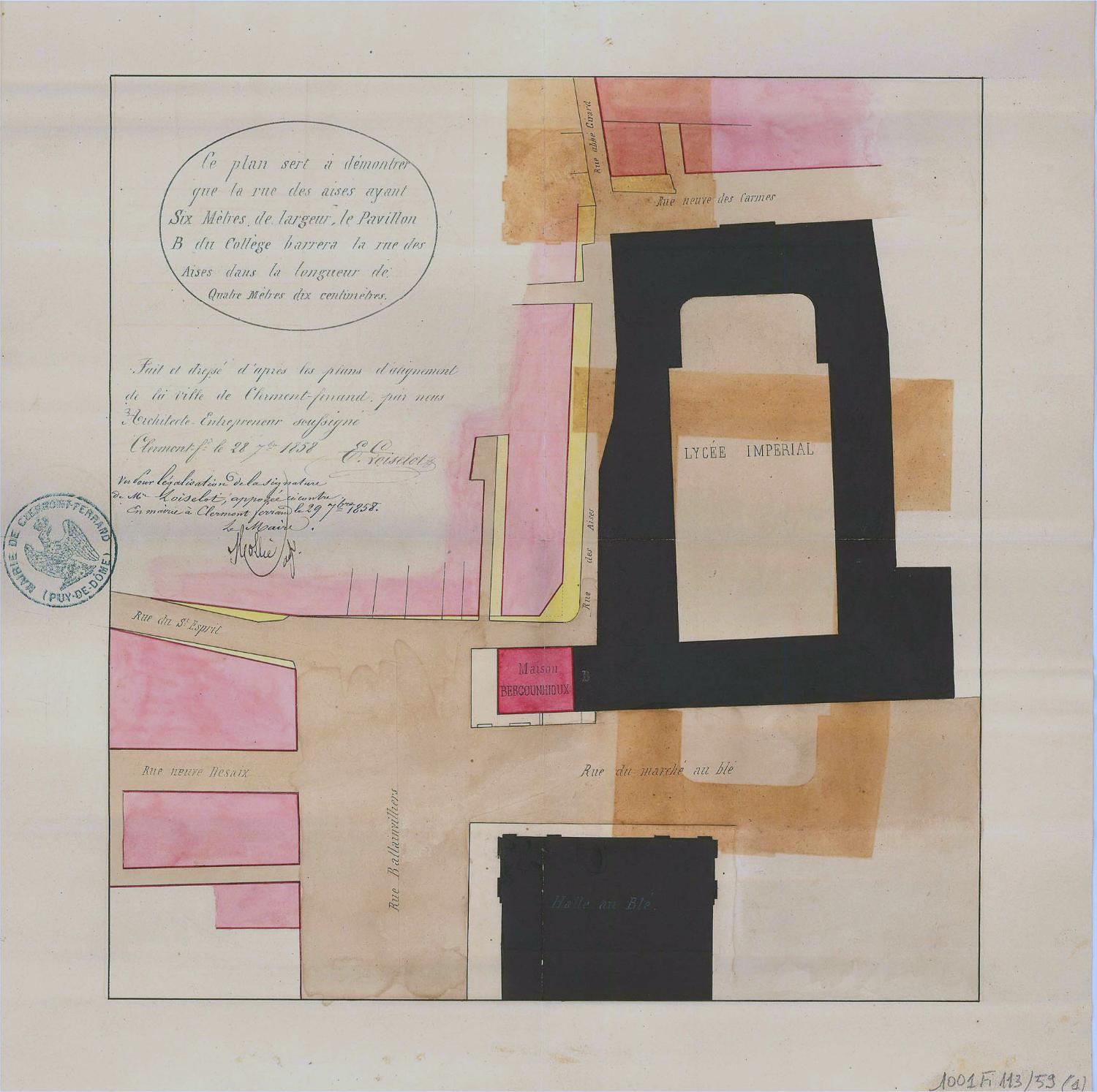 Plan masse du lycée et nouveaux alignements par Loiselot (architecte entepreneur), 1858 (AD Puy-de-Dôme, 1001 Fi 113/59)