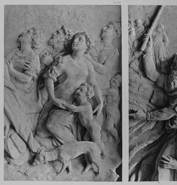 Bas-reliefs (3) de l'autel de la chapelle : le Sacrifice de Noé, le Passage de la Mer Rouge, David et Goliath