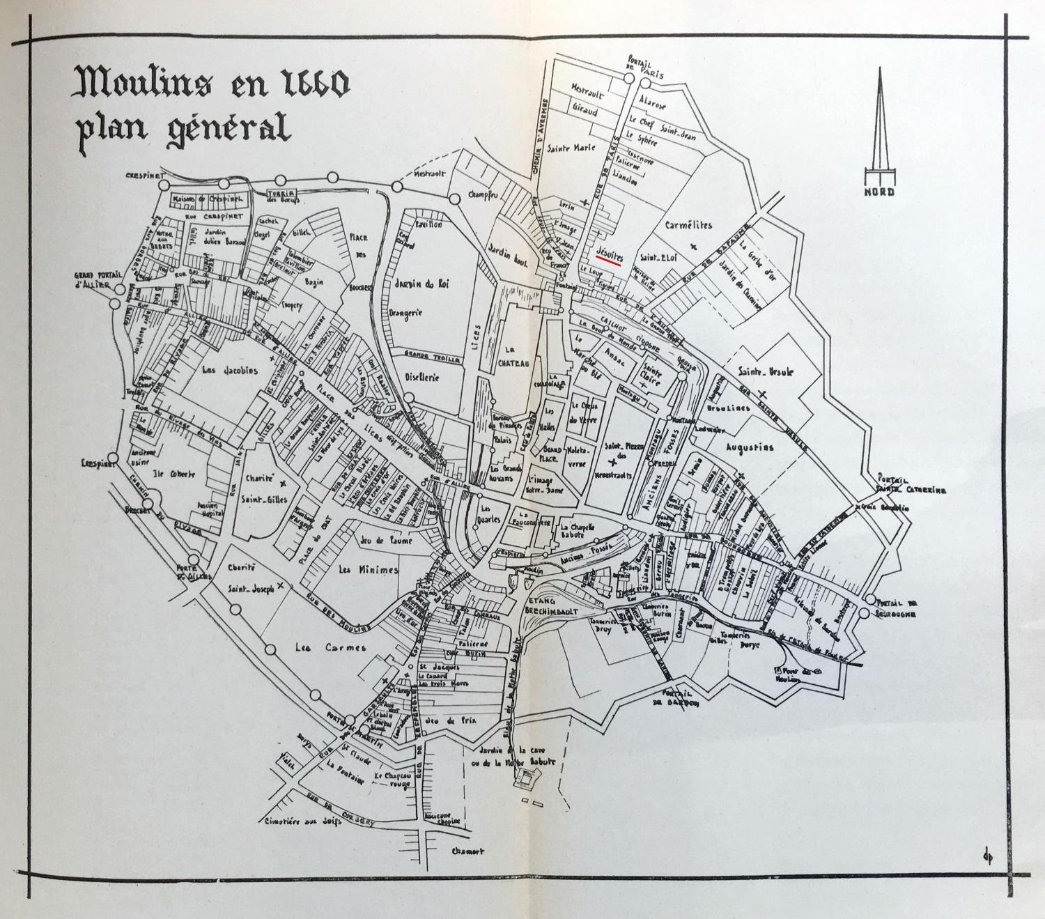 Plan de Moulins et ses faubourgs en 1660 ; souligné en rouge : le collège des jésuites (dess. in M. Litaudon, 1962, p. 311)