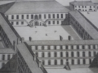 Vue en perspective des bâtiments de la Charité, 1646 (détail de la cour de la cuisine). Plan gravé AC Lyon. Fonds des HCL ; B417