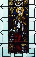 Verrière (rondel) : donateur présenté par son saint patron, victoire de Constantin, verrière figurée
