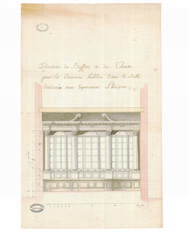 Plan d'élévation des boiseries de la salle de physique, 1786 (AC Bourg-en-Bresse, 1 Fi 73)