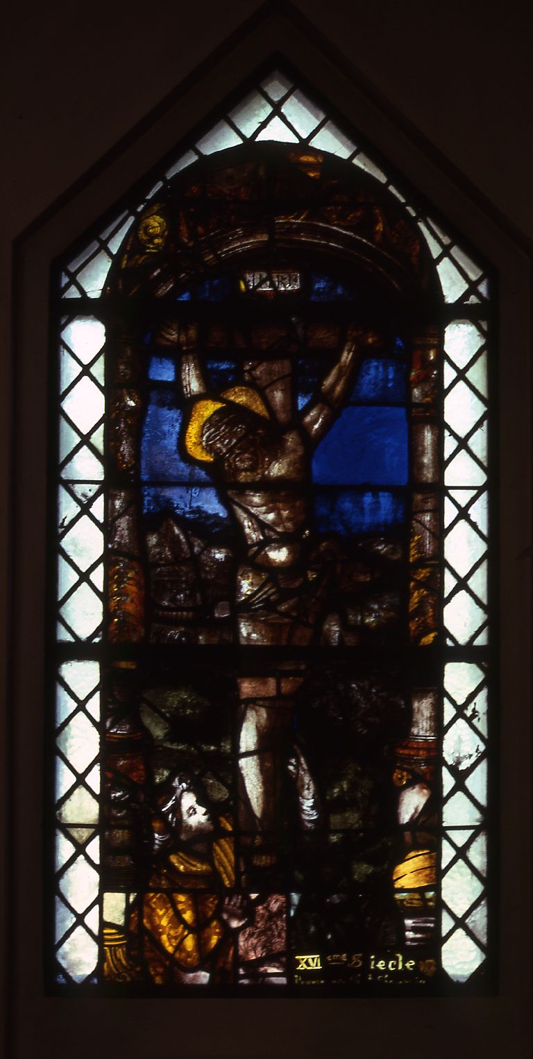 Verrière : Christ en croix avec Marie Madeleine à ses pieds (baie 3), verrière figurée