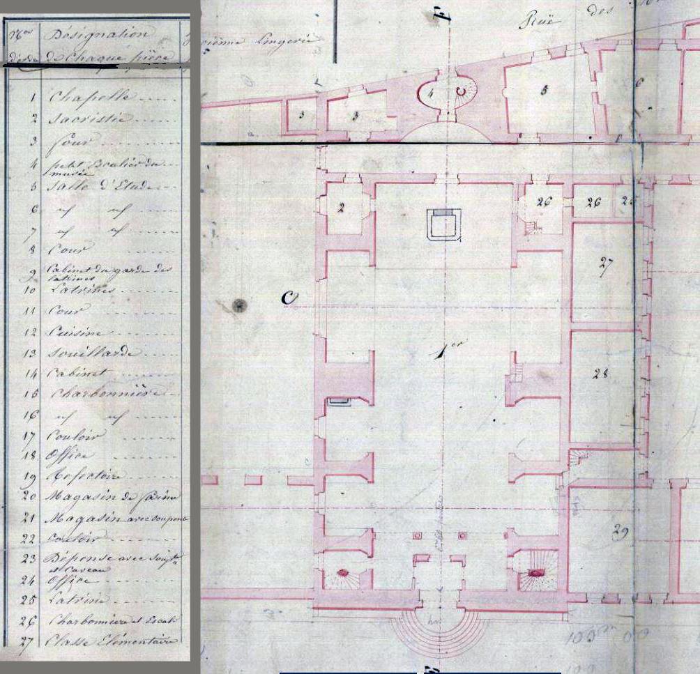 Plan au niveau du rez-de-chaussée par E. Péronnet, 1837 (photomontage ; AC Grenoble, 2 Fi 331)