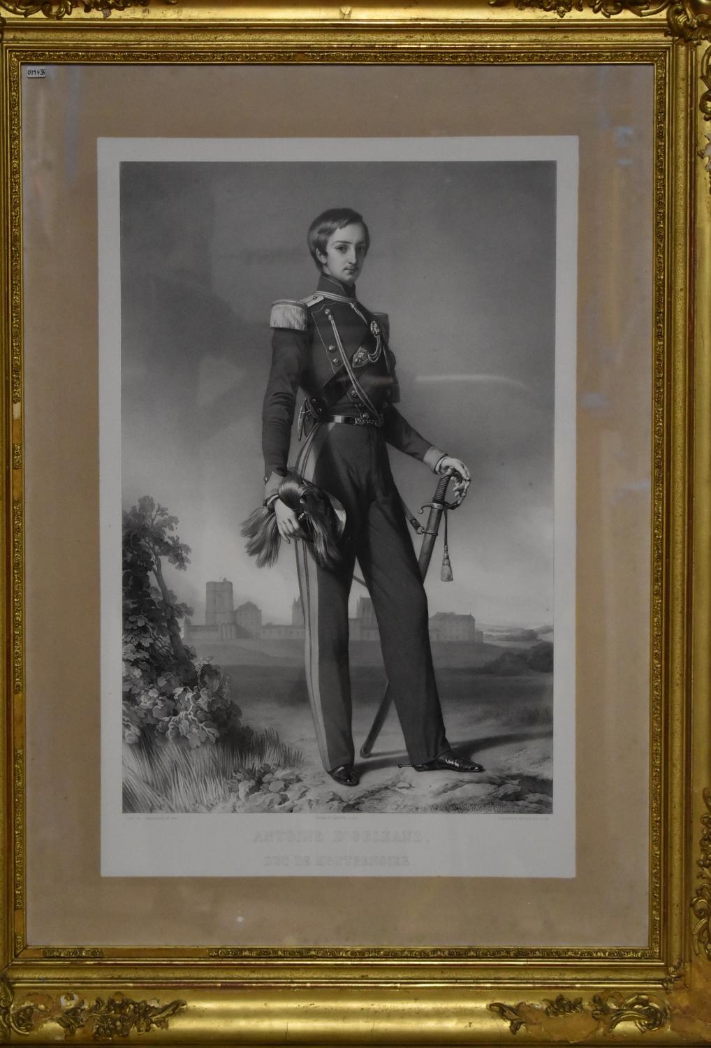 Estampe d'après Franz Xaver Winterhalter - Portrait d'Antoine d'Orléans, duc de Montpensier, en colonel d'artillerie devant le fort de Vincennes