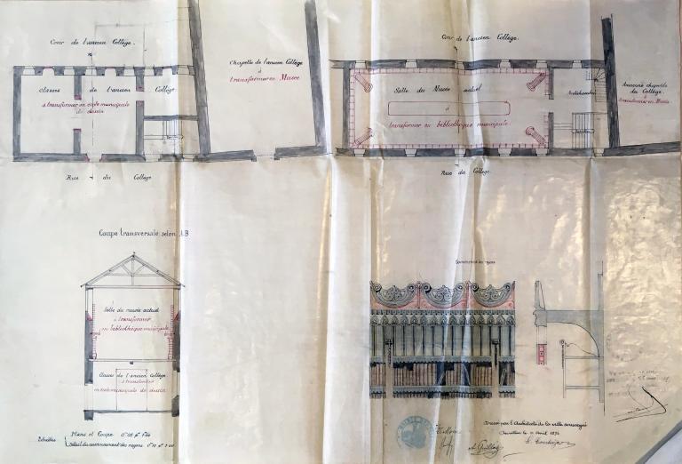 Projet pour une bibliothèque et une école municipale de dessin dans l'ancien collège par L. Courbaize, 1894 (AD Cantal, E DEP 1500/1509)