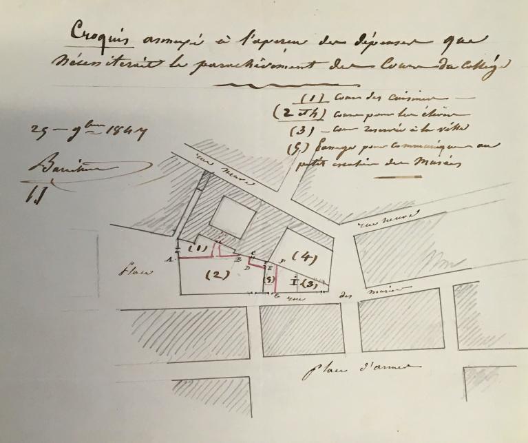 Plan de situation des cours construites en 1846 (croquis de P.-B. Barrillon ; AC Grenoble, 4 M 94)