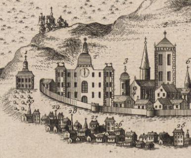 Carte de Clermont en 1739 : détail de la vue perspective avec le collège des jésuites (élévation sur cour du bâtiment principal) (B Patrimoine CAM, CA Del 1951) 