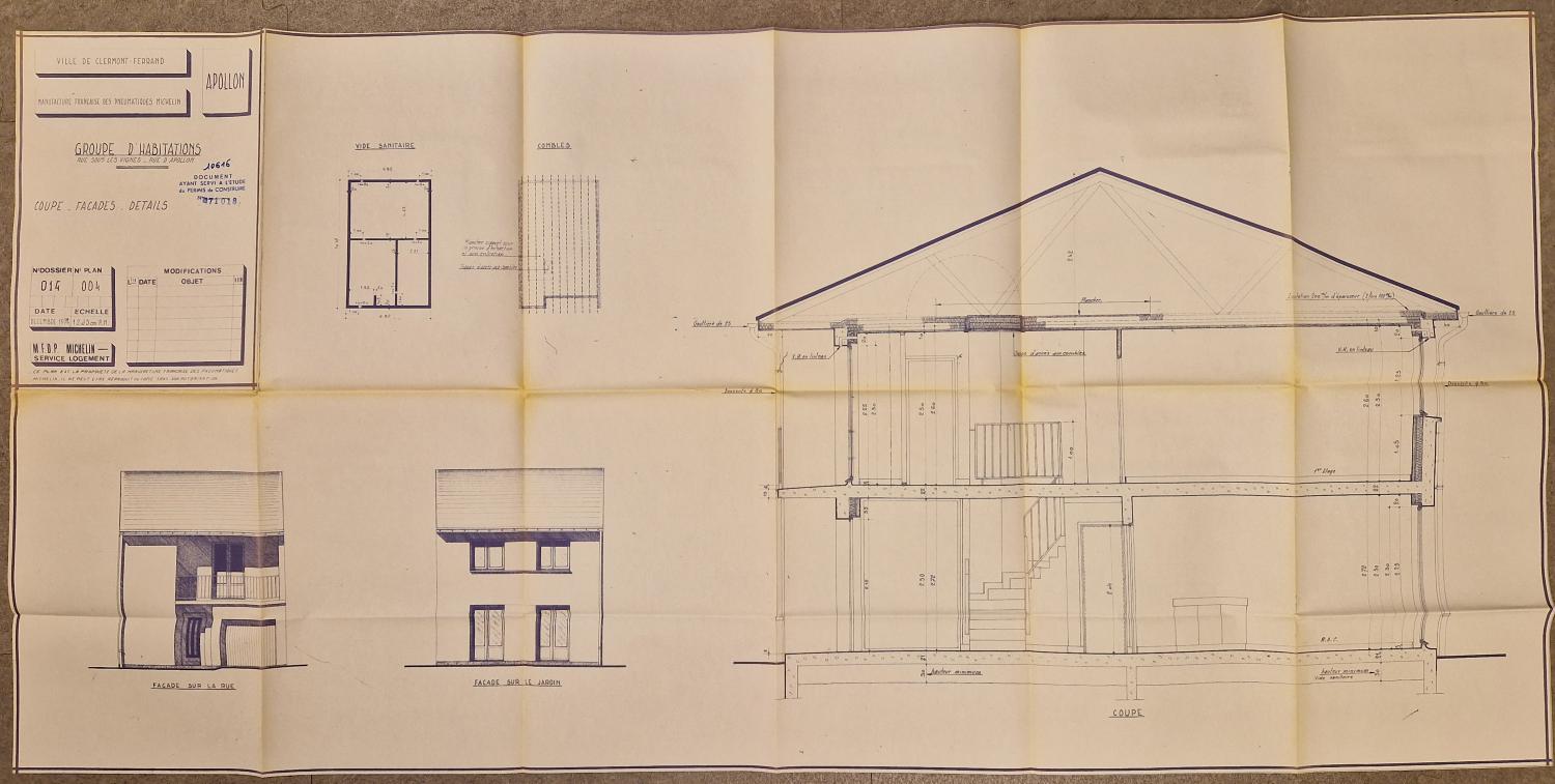 Coupe, élévations et détails des habitations du Clos-Chanturgue, rue d'Apollon, 1974