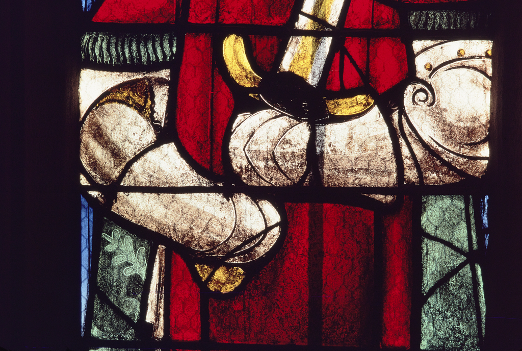 Verrière : saint Georges, saint Julien, saint Ferréol, saint Fortunat, saint Michel, saint Eustache (baie 2), verrière à personnages