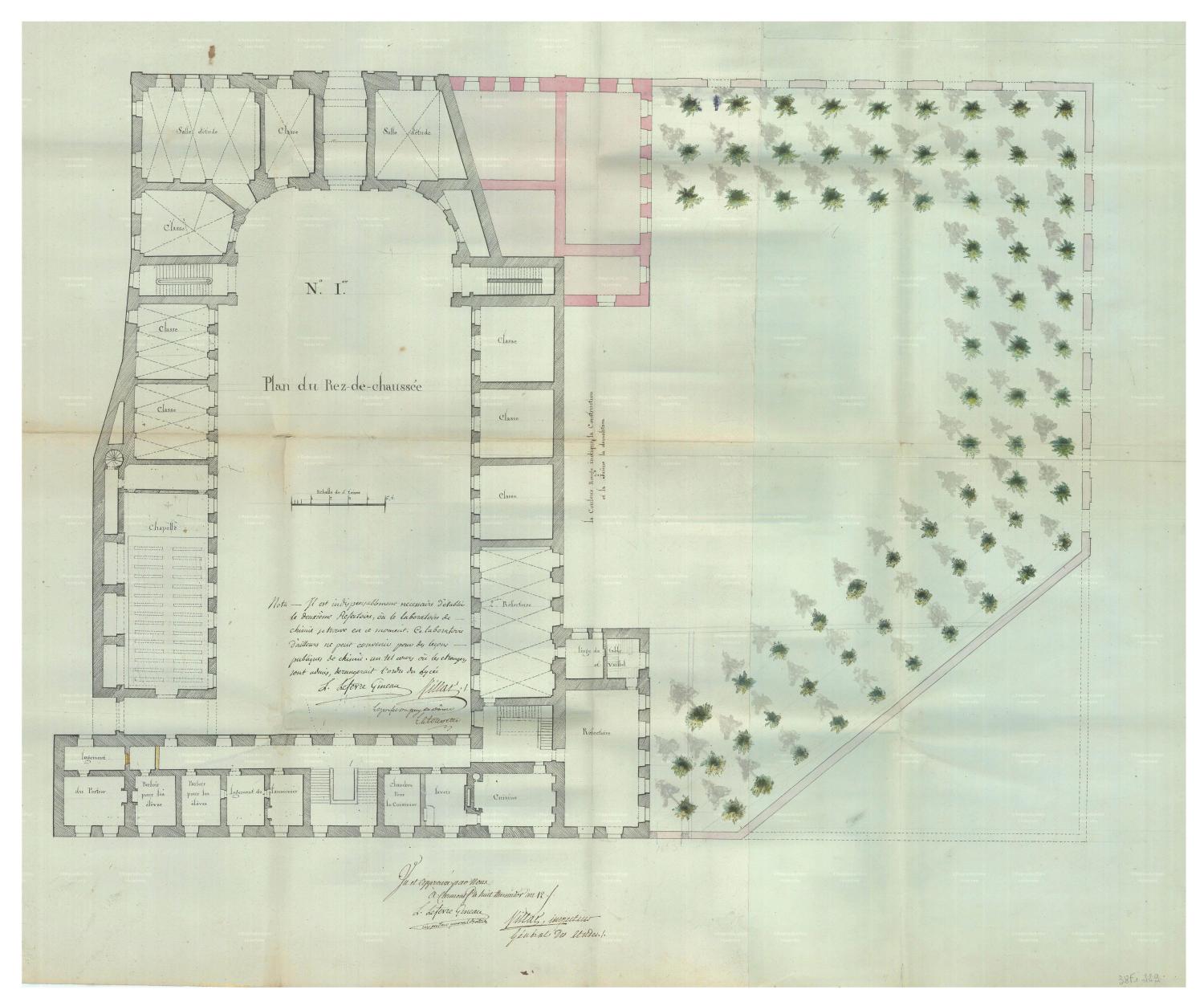 Projet d'aménagement du lycée par Cournon, 1804 : rez-de-chaussée (AD Puy-de-Dôme, 38 Fi 229)