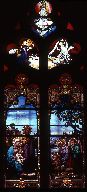 Verrière : Sainte Famille, saint Jean-Baptiste, Annonciation, Dieu le Père (baie 3), verrière figurée
