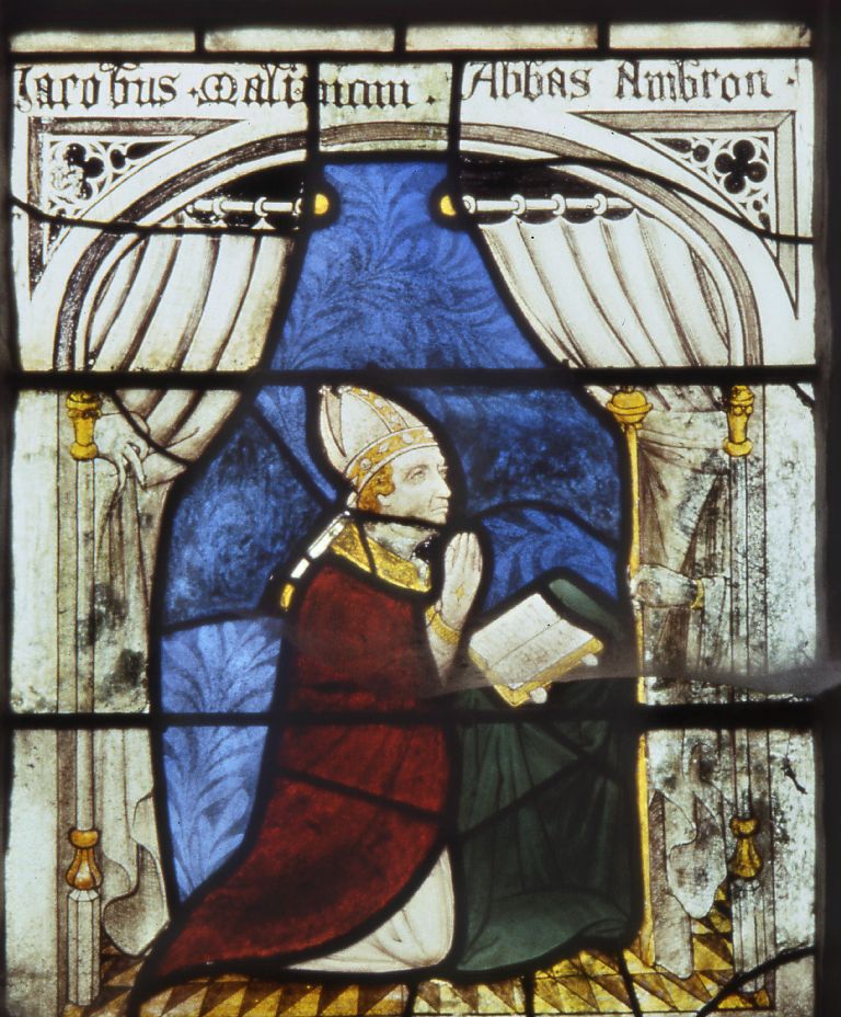 Verrière : calvaire, Annonciation, évêques (baie 0), verrière figurée, verrière à personnages