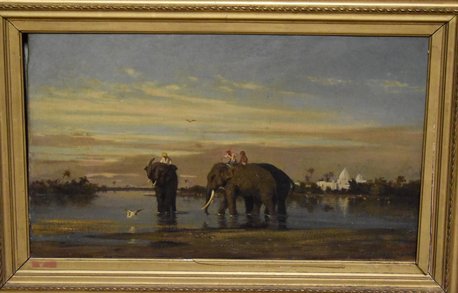 Tableau de Charles de Tournemire : Éléphants domestiques traversant une rivière en Inde
