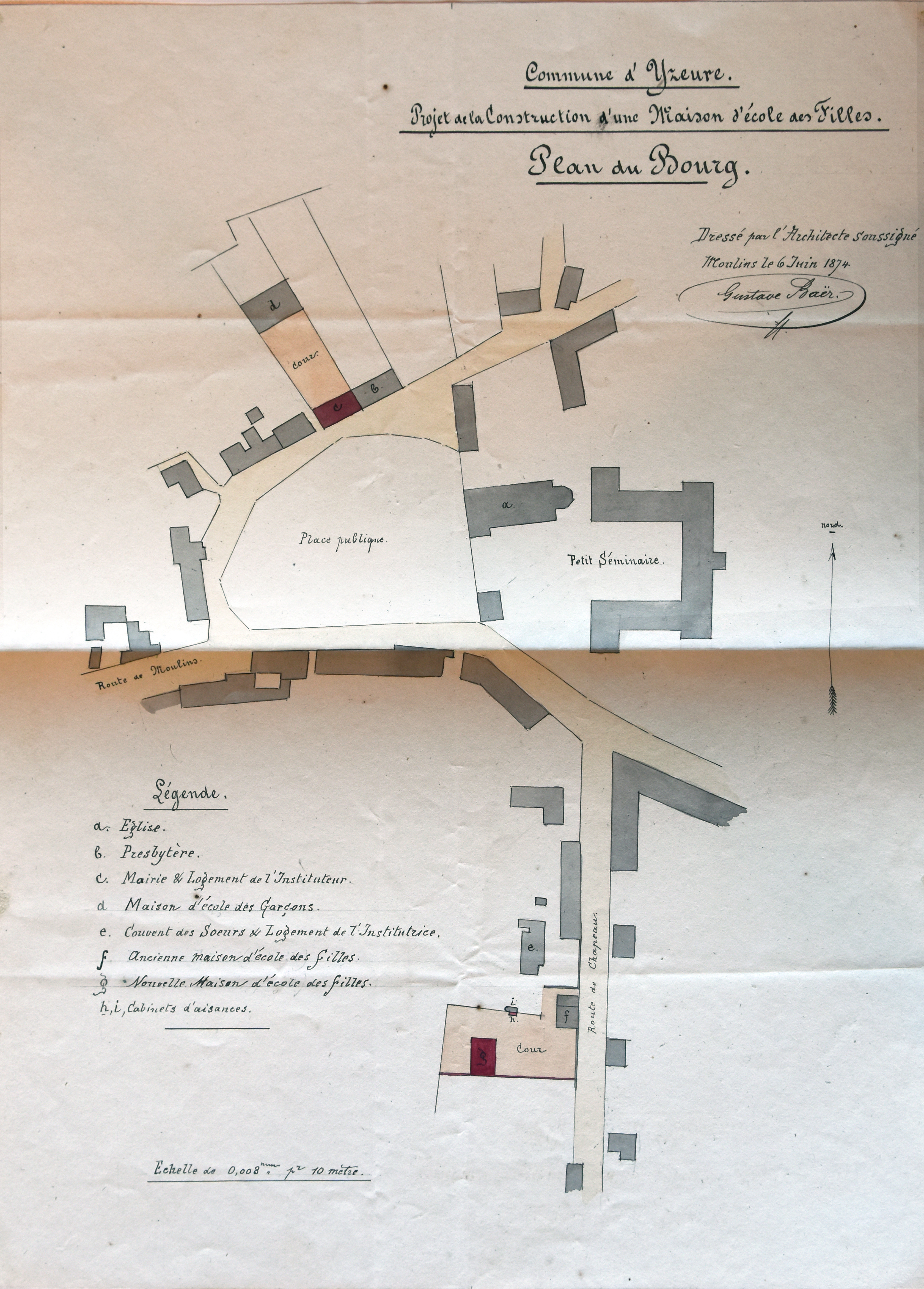 Plan d'Yzeure en 1874 avec localisation des écoles de garçons et de filles (AD Alliler, 2 0 4893)