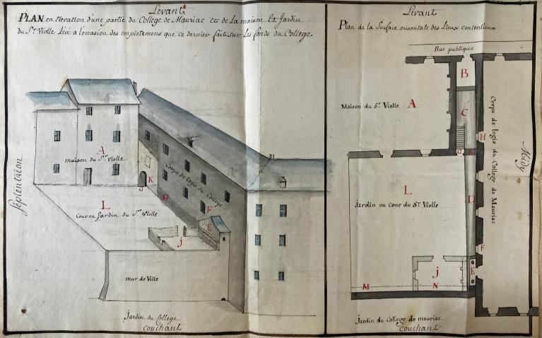 Elévation et coupe partielles du collège : le corps de logis nord, 1775 (AD Cantal, 1 J 605)