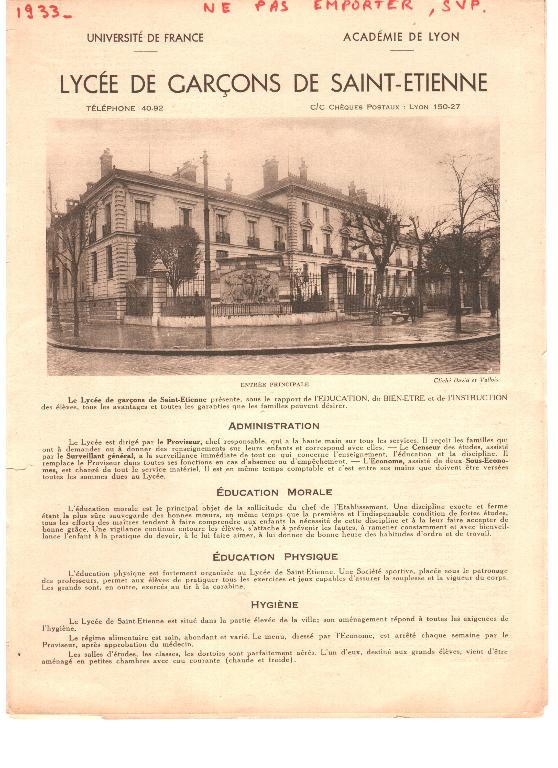 Lycée de garçons, actuellement lycée d'enseignement secondaire et supérieur Claude-Fauriel