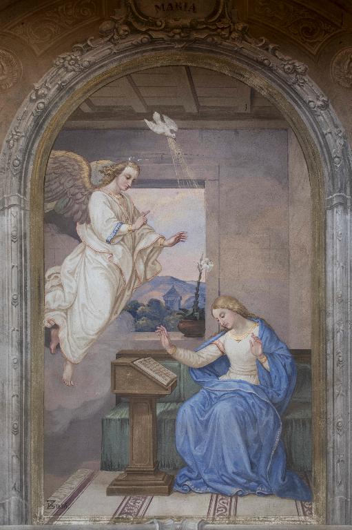 Peintures monumentales (décor d'architecture) : scènes eucharistiques, de la vie du Christ et de la Vierge, allégories