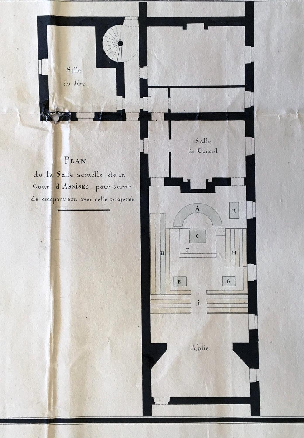 Projet de Nollet pour la salle d'audiences de la cour d'assises, détail : plan de la salle existante, aile est de l'ancien collège, 1822 (AD Allier, 4 N 34/1)